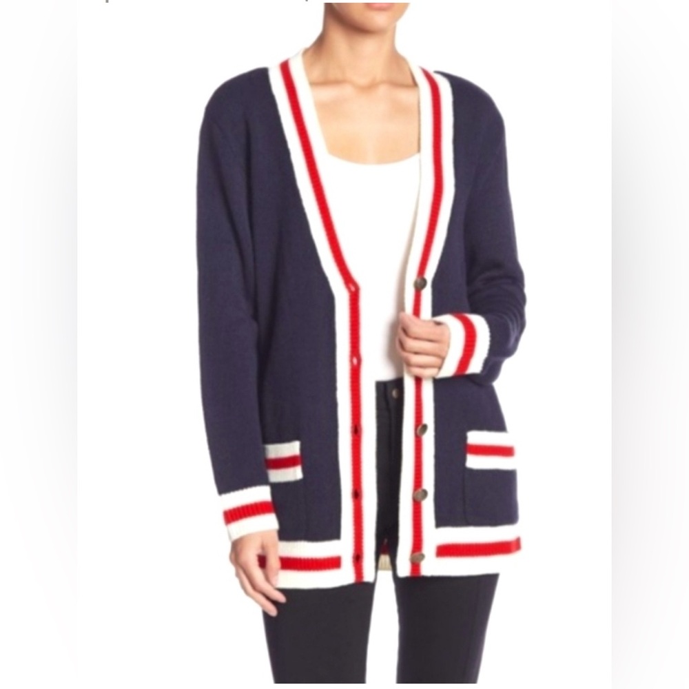 WAYF Blue Boyfriend Varsity Cardigan w/ Red & White Stripes Women’s Size Medium